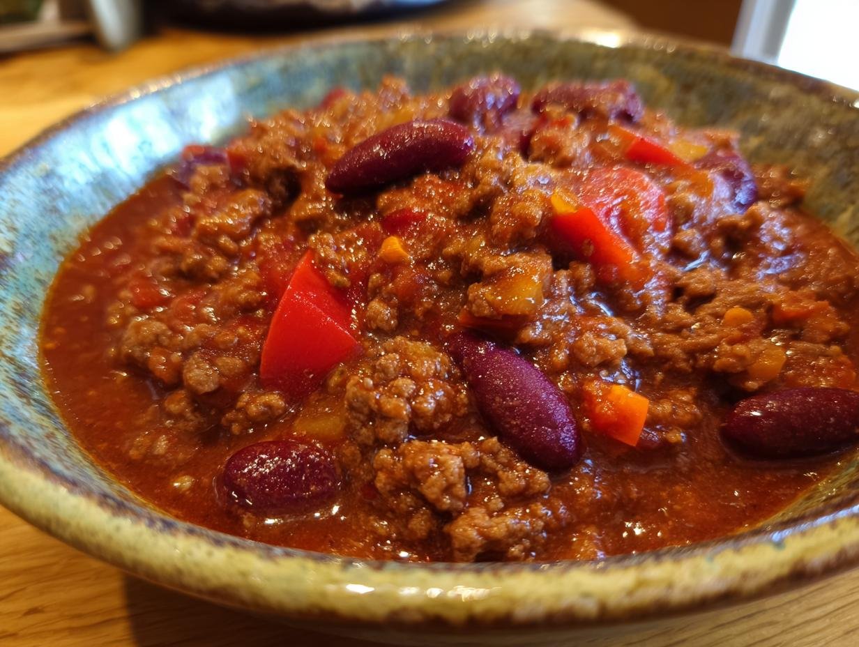 A close-up of a rustic bowl filled with Original Chili con Carne, showing ground meat, kidney beans, and red peppers.