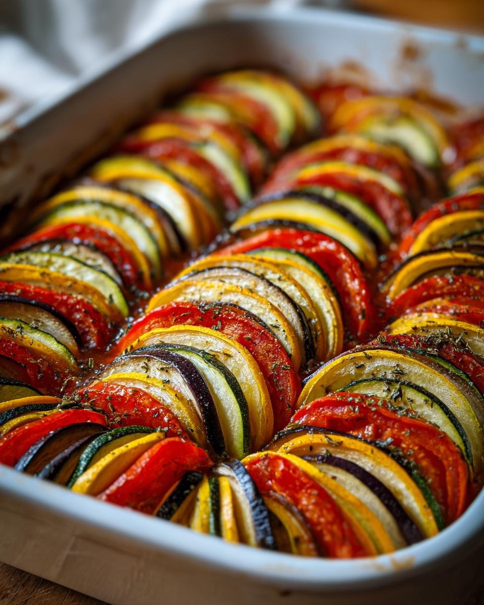 Close-up of Original Ratatouille mit Gemüse, thinly sliced vegetables arranged in a pattern in a baking dish.