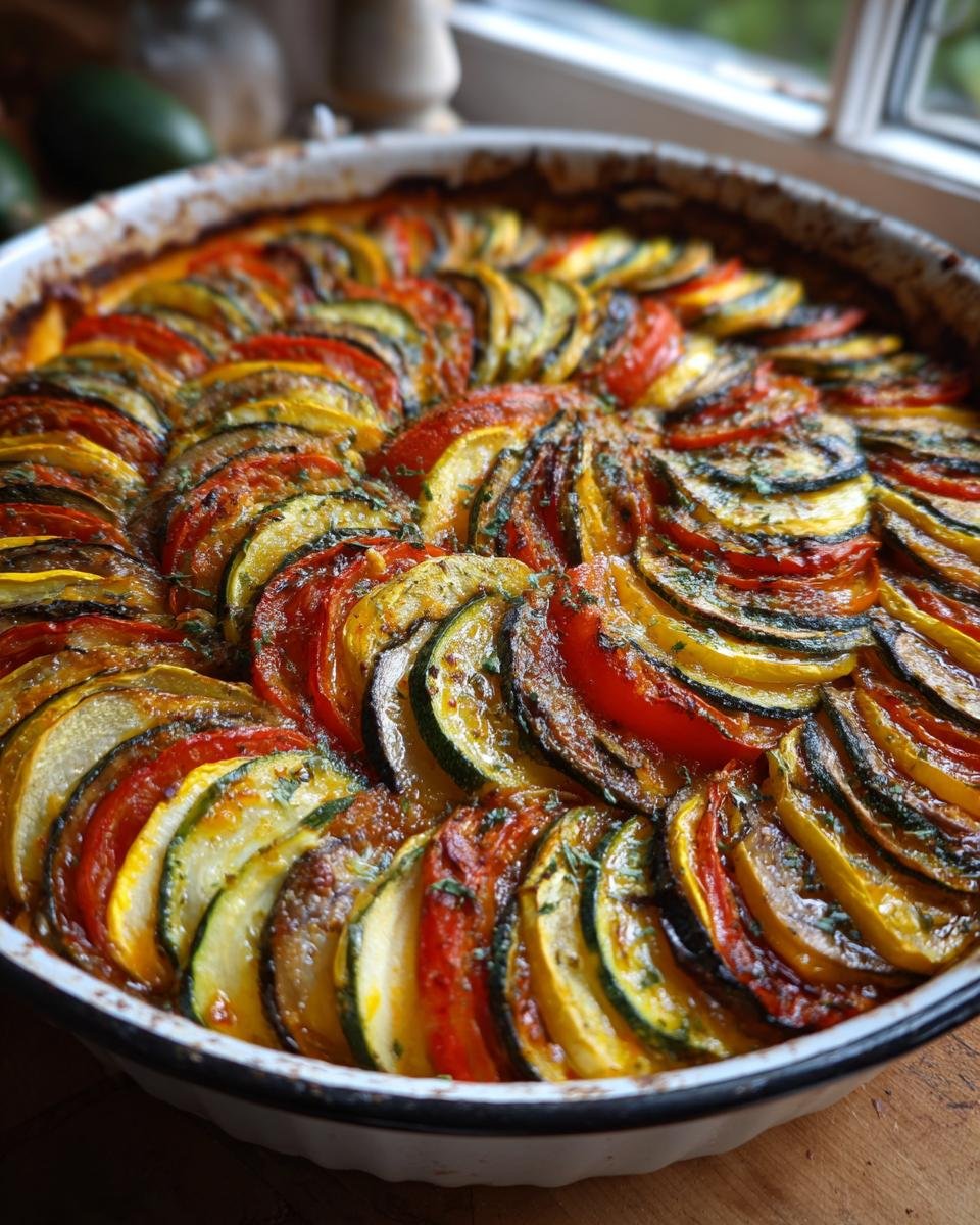 Nahaufnahme eines frisch gebackenen Original Ratatouille mit Gemüse, geschichtet und mit Kräutern bestreut.