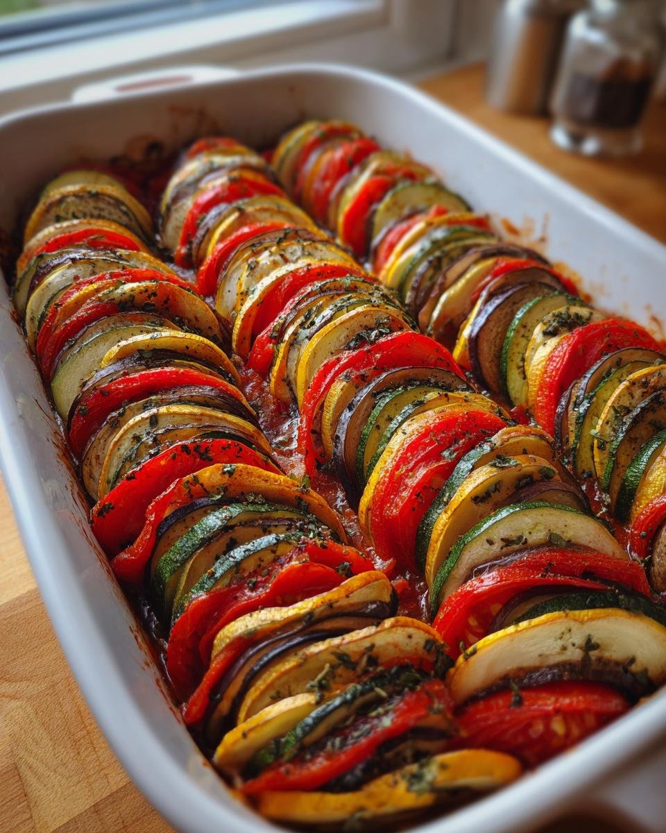Eine Auflaufform mit frisch zubereitetem Original Ratatouille mit Gemüse, geschichtet aus Tomaten, Zucchini und Auberginen.