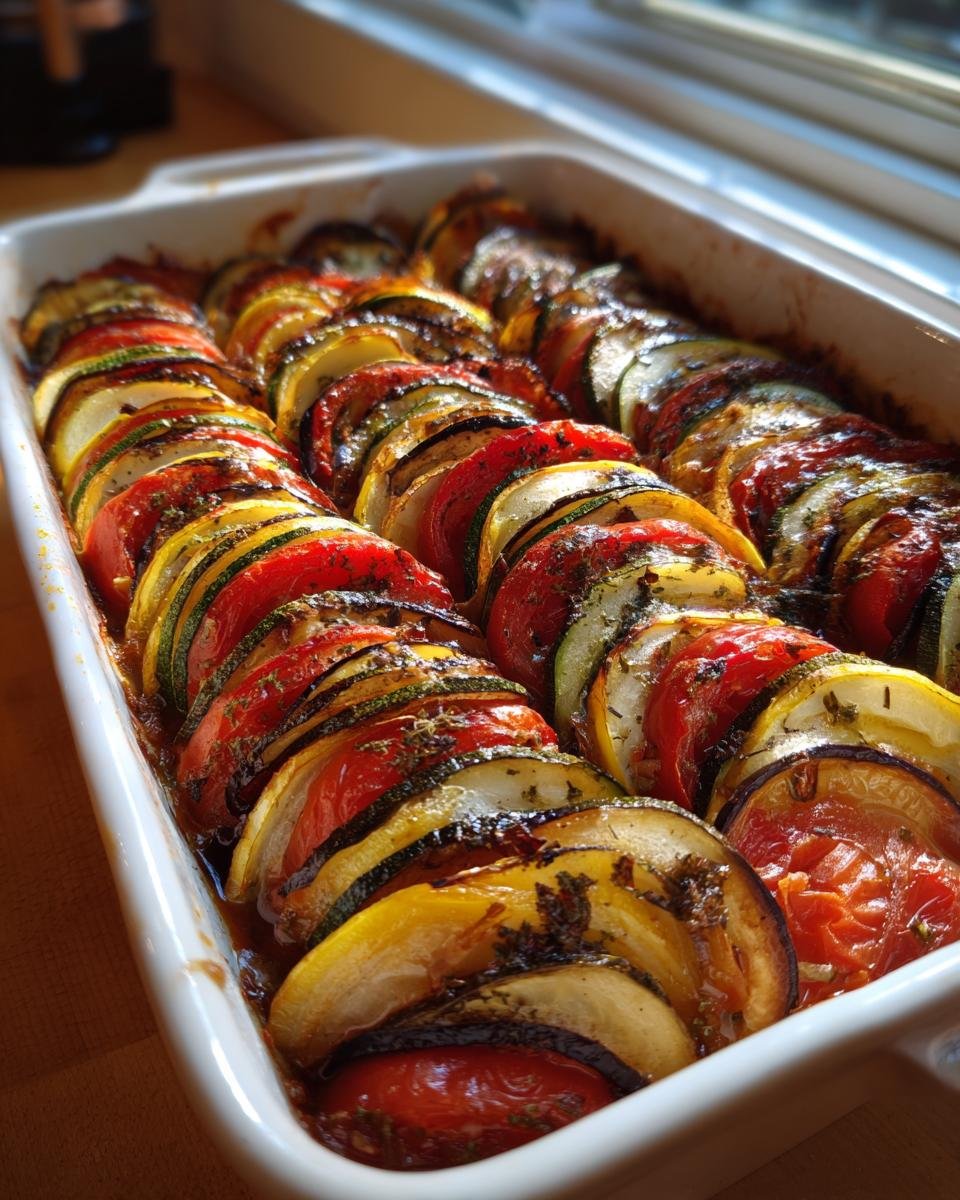 Close-up of a white baking dish filled with Original Ratatouille mit Gemüse, showing layered zucchini, tomatoes, and eggplant.