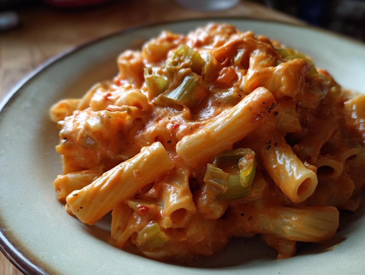 Gourmet Pasta in cremiger Lauch-Tomaten-Soße mit Chili, mit Rigatoni und grünen Gemüsestücken.