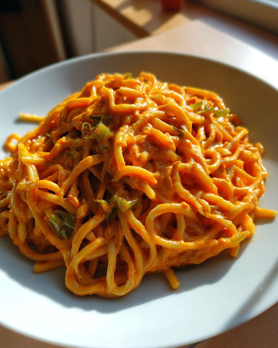 Eine Portion Pasta in cremiger Lauch-Tomaten-Soße mit Chili, garniert mit grünen Kräutern.