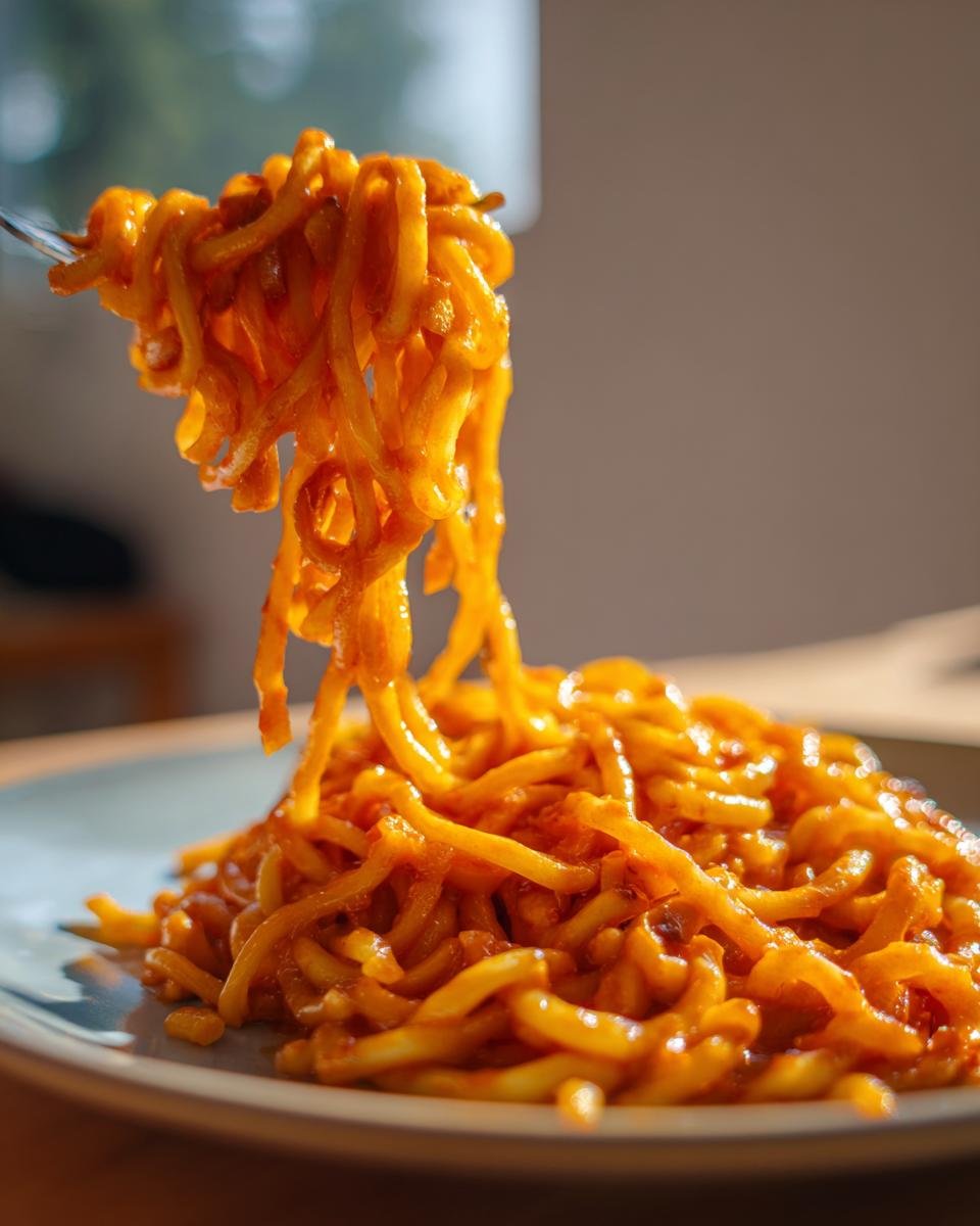 Eine Gabel hebt eine Portion Pasta in cremiger Lauch-Tomaten-Soße mit Chili von einem Teller ab.