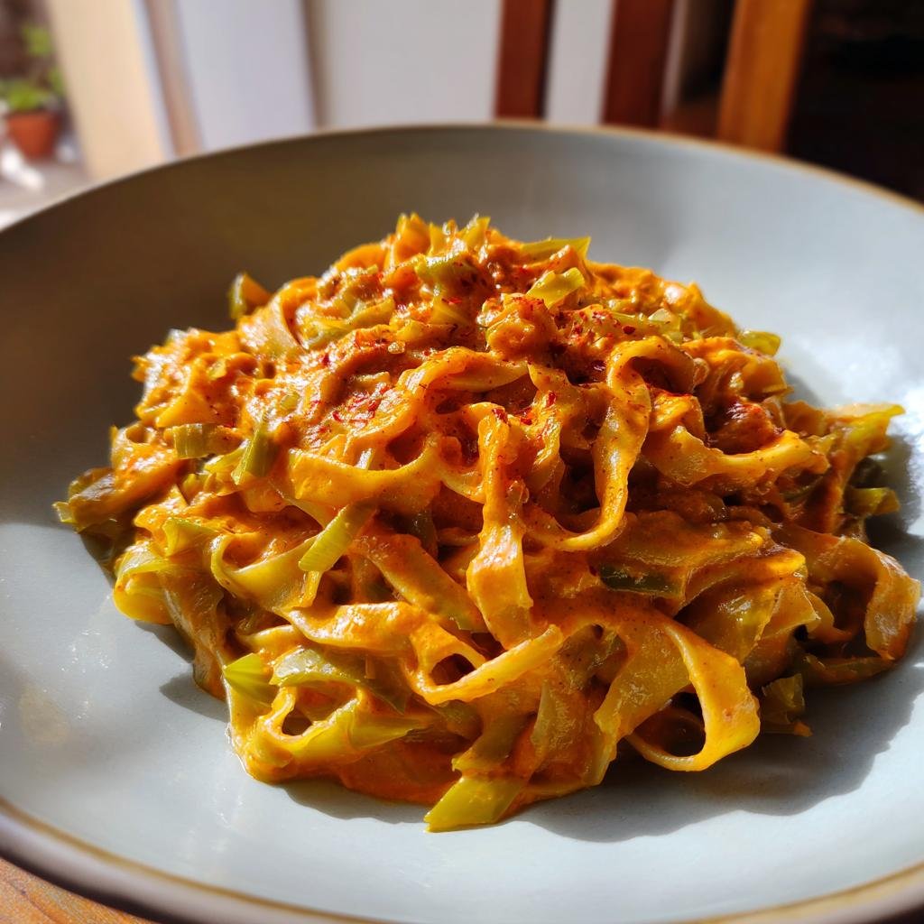 Eine Schüssel Pasta in cremiger Lauch-Tomaten-Soße mit Chili, garniert mit Paprikapulver.