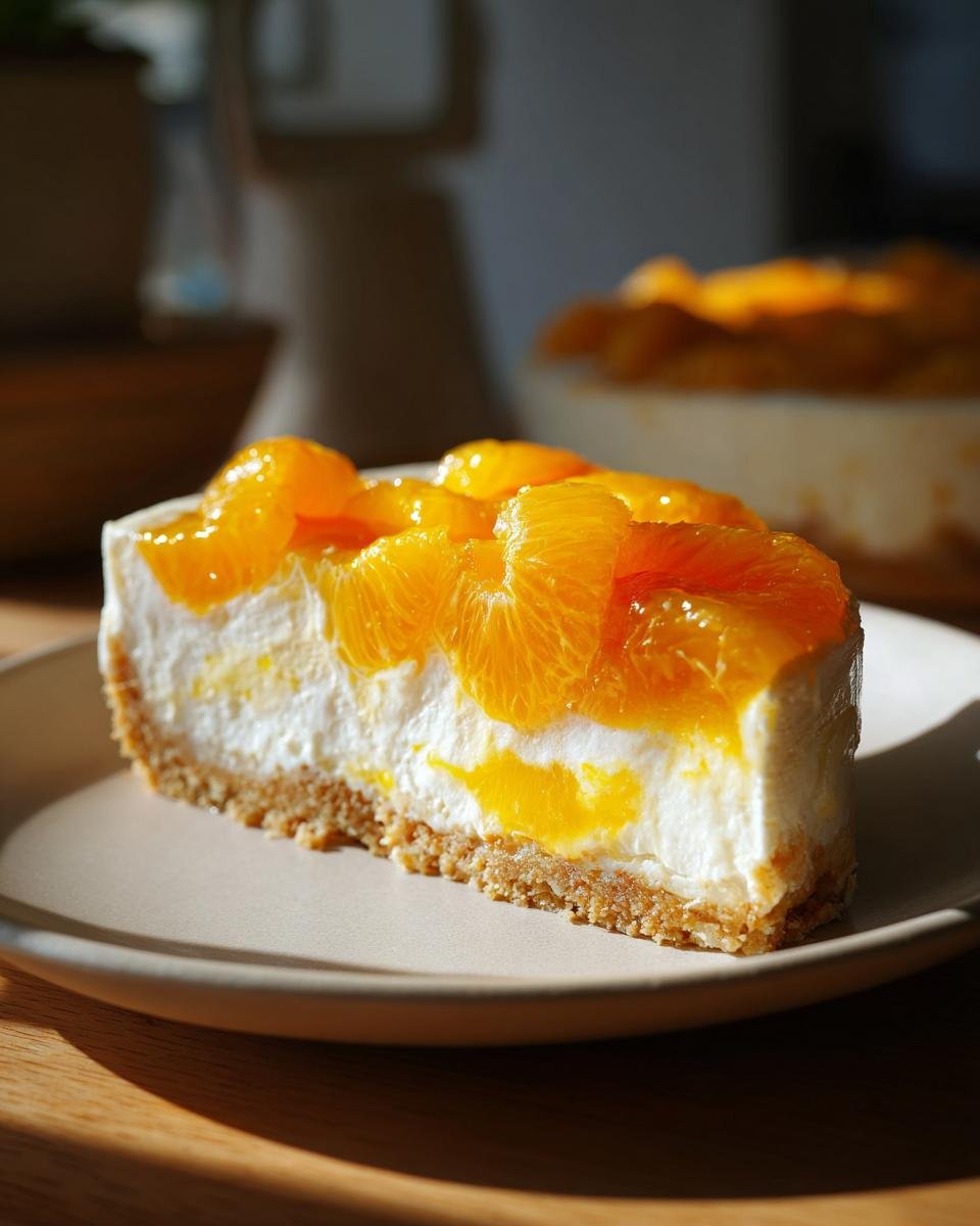 Ein Stück Mandarinen-Käsekuchen mit Keksboden und cremiger Füllung, belegt mit saftigen Mandarinenstücken.