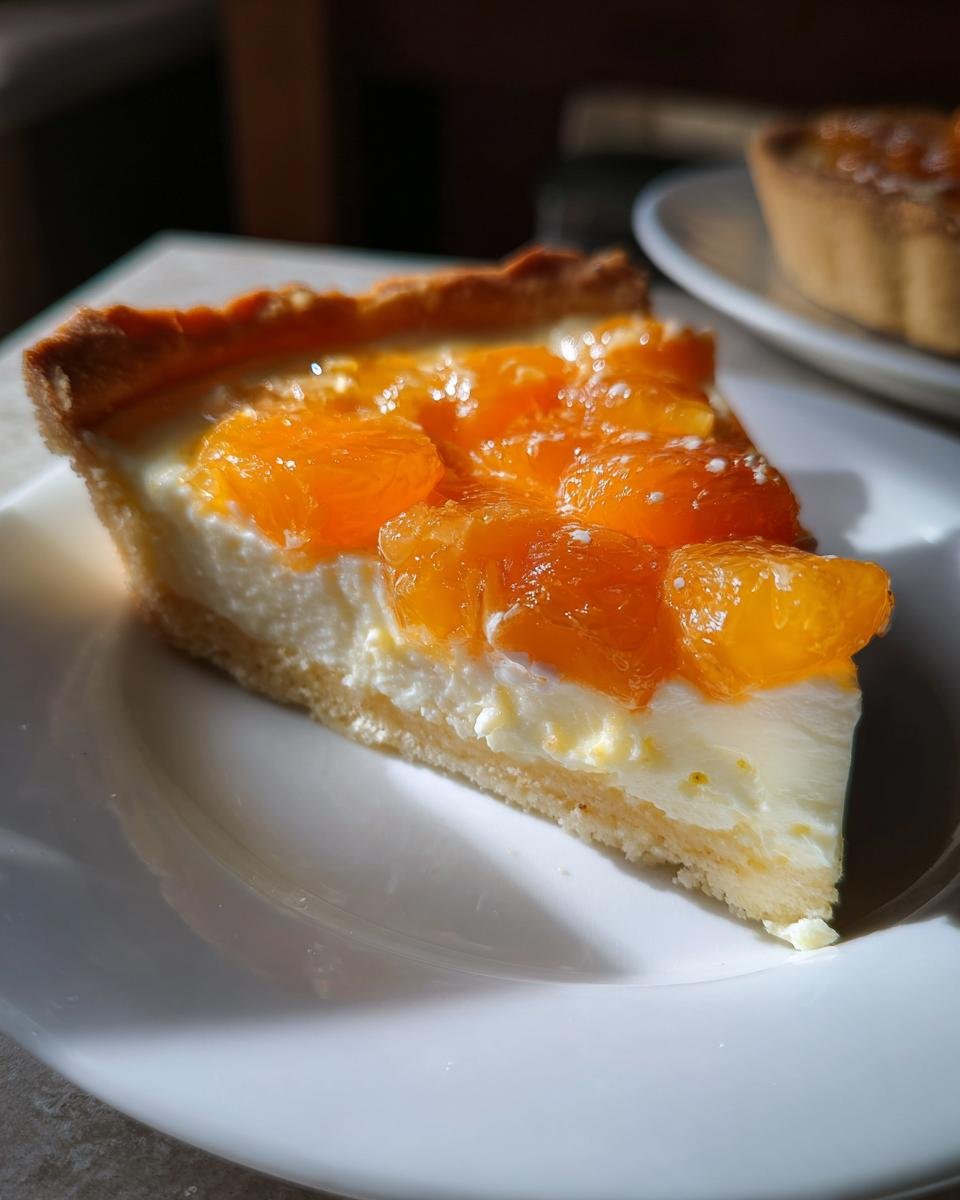 Ein Stück Mandarinen-Tarte mit cremigem Belag und knusprigem Boden, perfekt für Nachtisch für Freunde.
