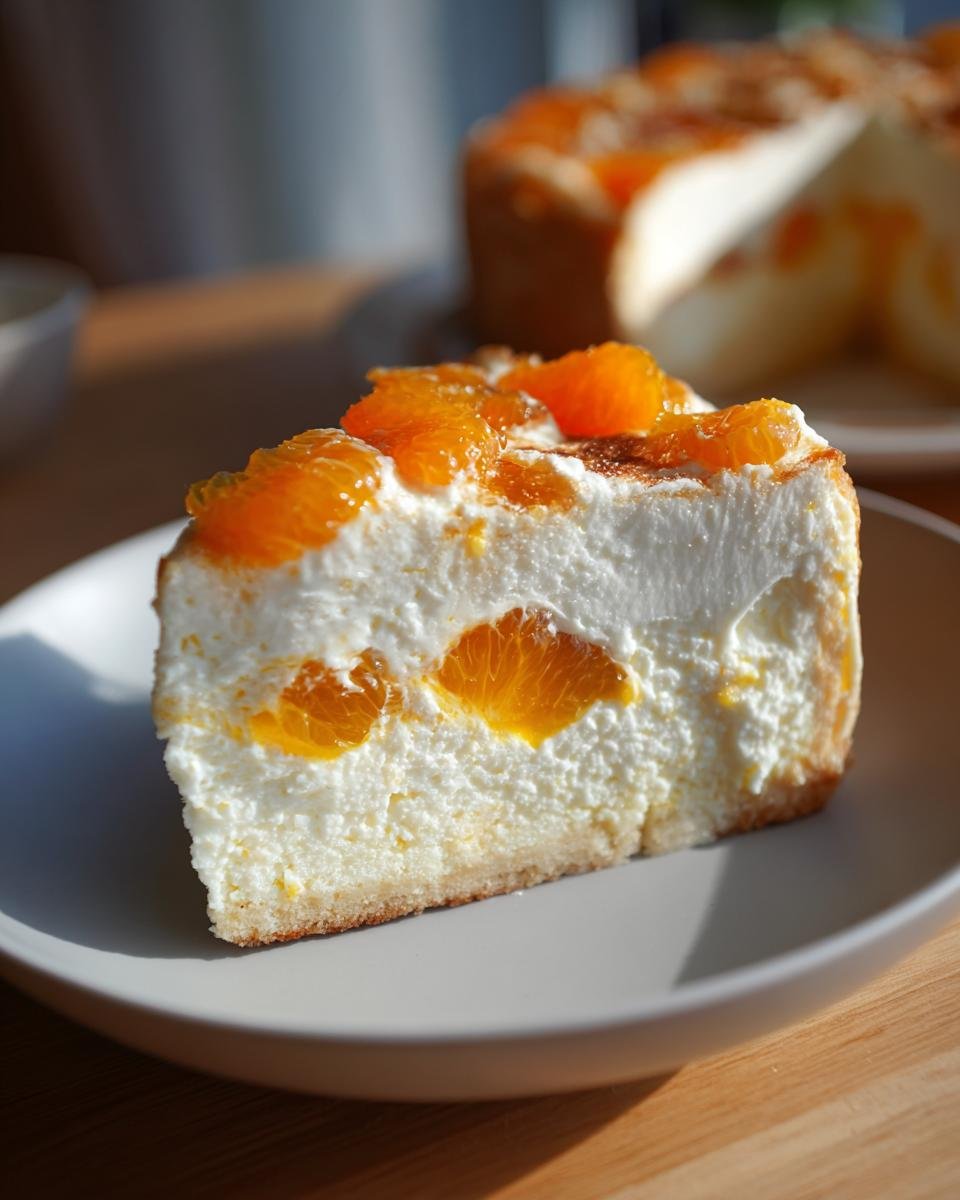 A slice of creamy cheesecake with mandarin orange pieces, topped with mandarin segments. Pin von Hilleo auf Nachtisch für Freunde.
