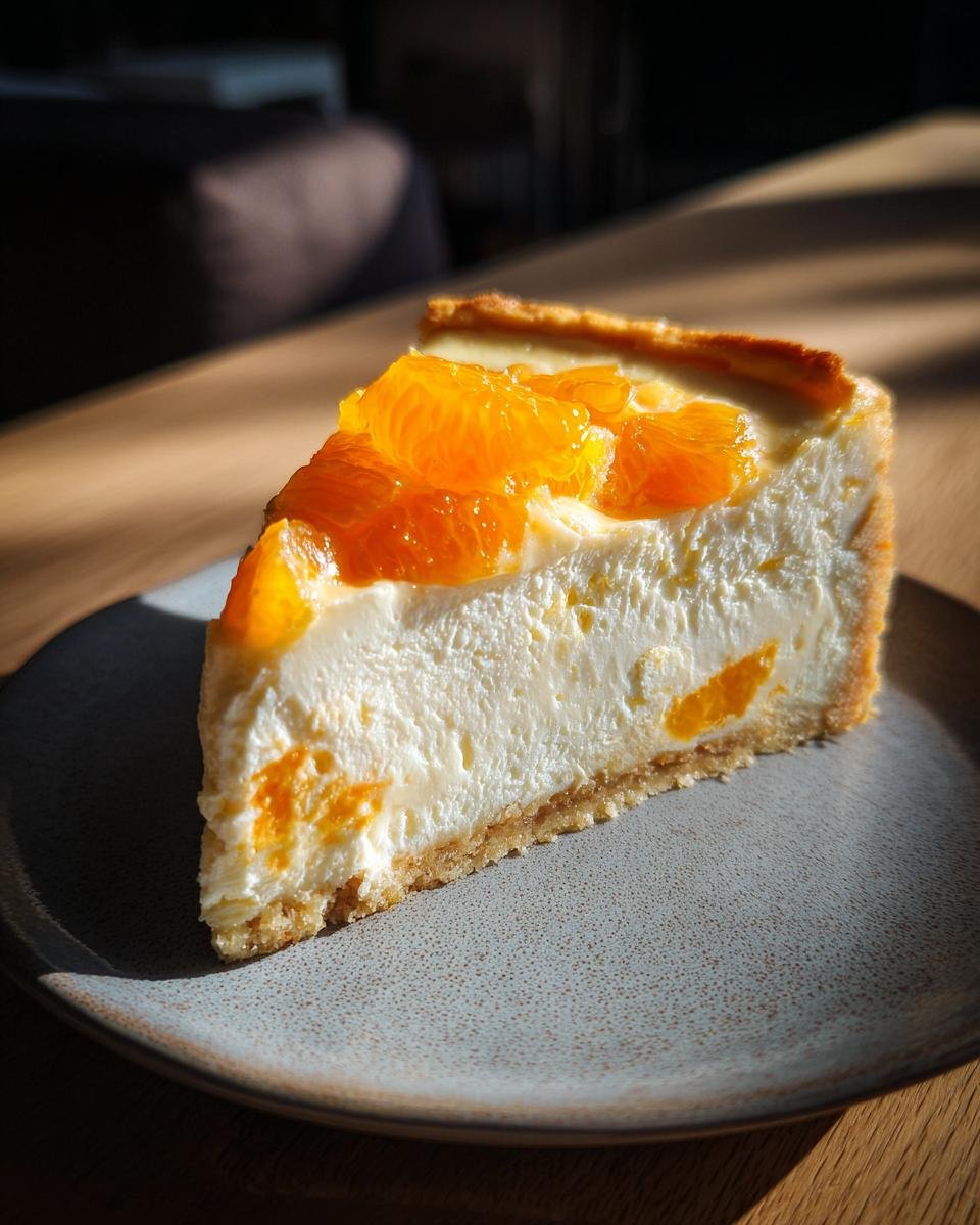 Ein Stück Mandarinen-Käsekuchen auf einem Teller, garniert mit frischen Mandarinenstücken.