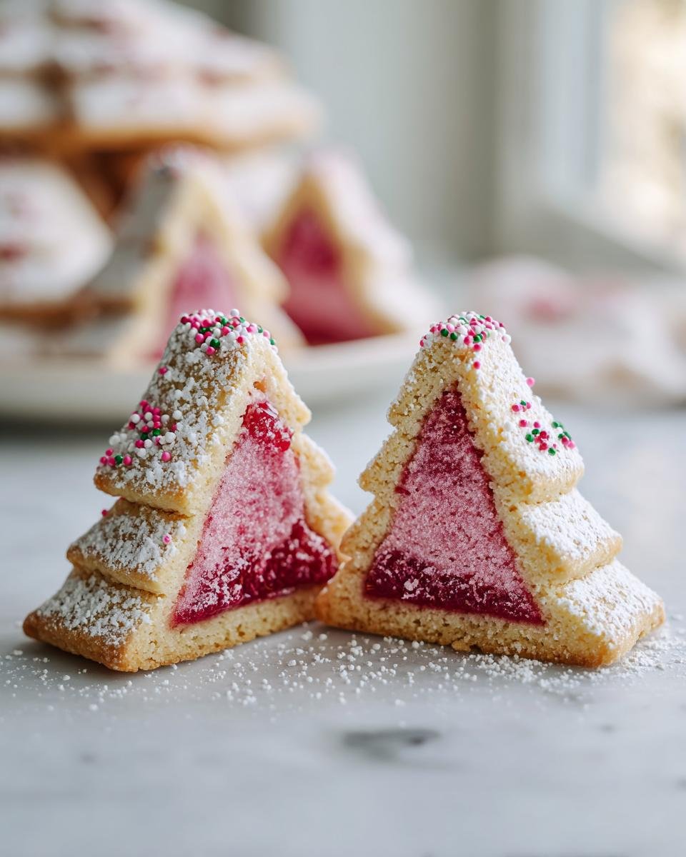 Zwei aufgeschnittene Pistazien Tannenbäumchen mit Himbeerfüllung, bestreut mit Puderzucker und bunten Streuseln.