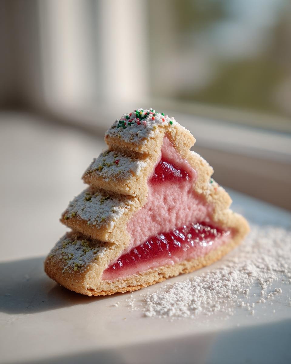 Nahaufnahme eines Pistazien Tannenbäumchens mit Himbeerfüllung, bestäubt mit Puderzucker und bunten Streuseln.