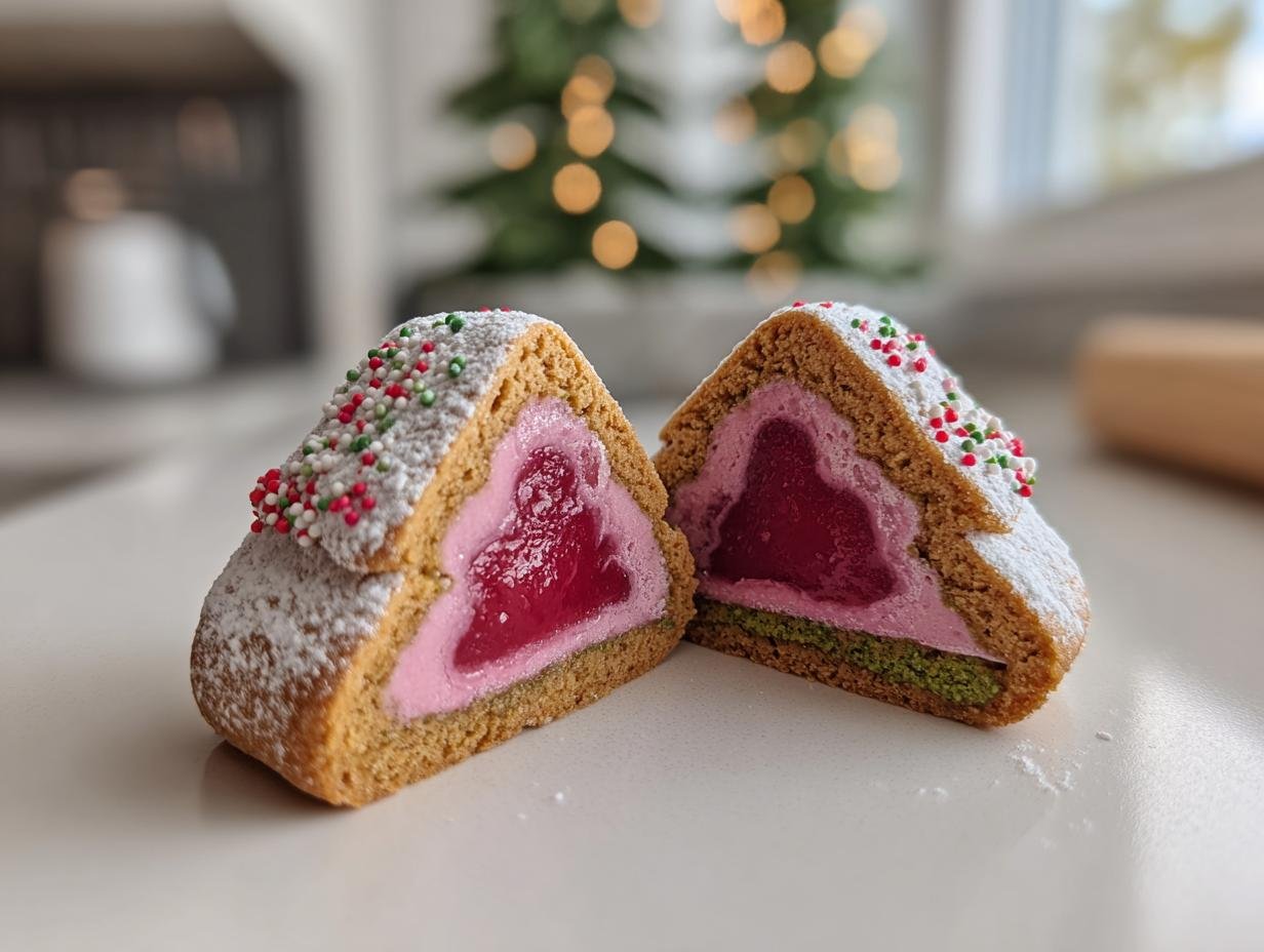 Pistazien Tannenbäumchen mit Himbeerfüllung, cut in half to show raspberry filling and pistachio layer.