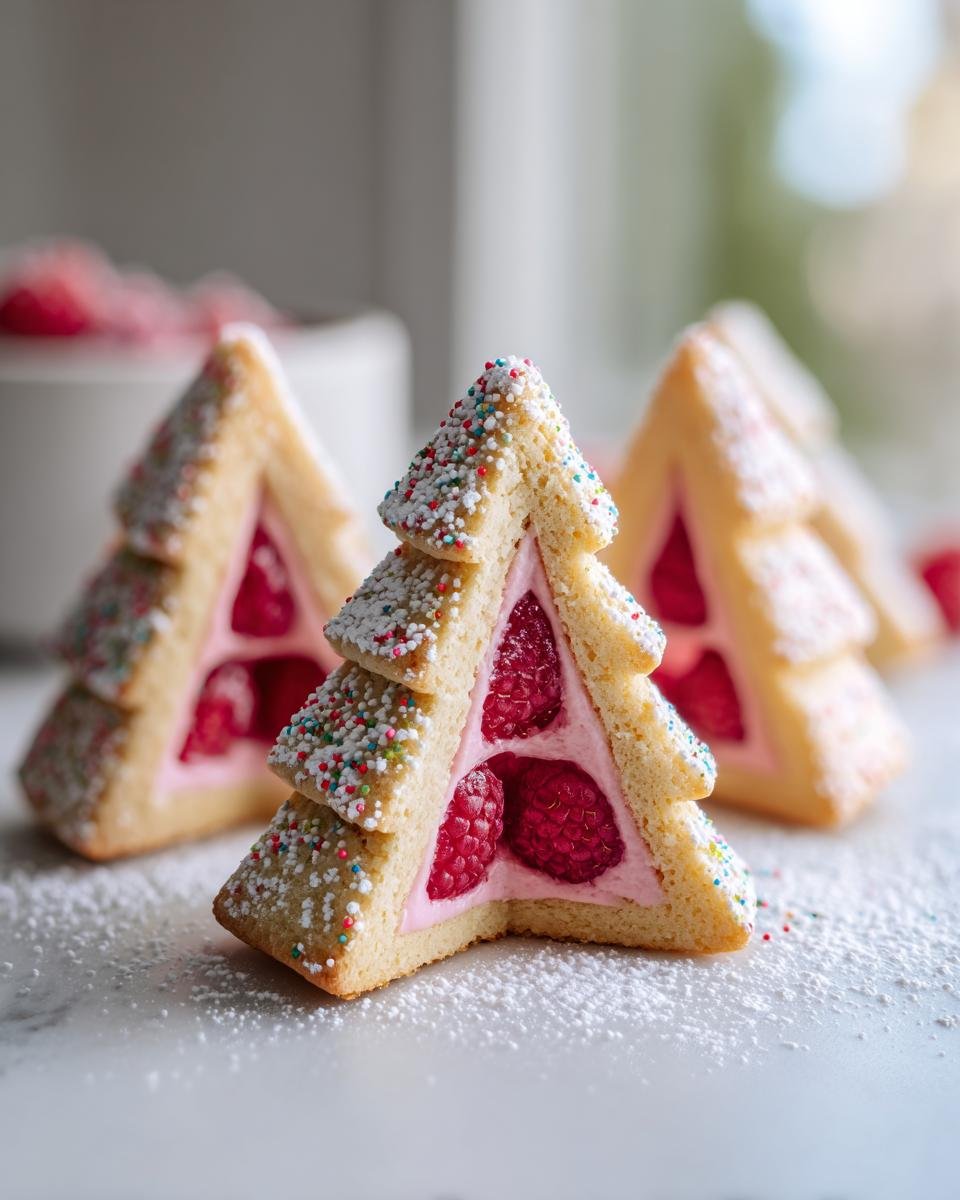 Close-up of Pistazien Tannenbäumchen mit Himbeerfüllung, festive tree-shaped cookies filled with cream and raspberries.