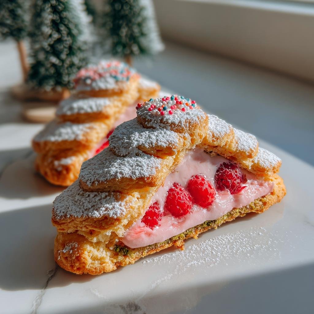 Nahaufnahme von Pistazien Tannenbäumchen mit Himbeerfüllung, bestäubt mit Puderzucker und bunten Streuseln.