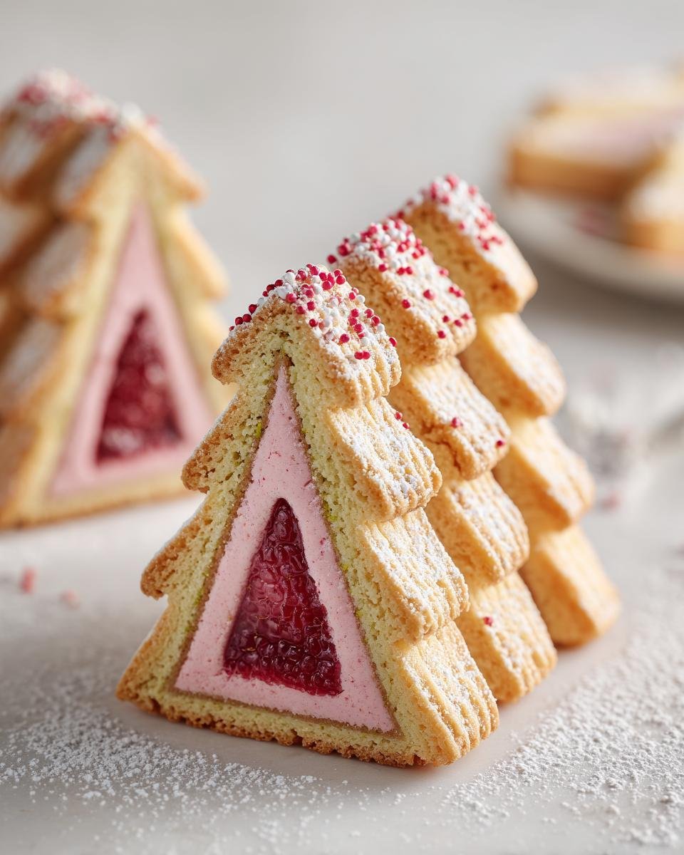 Close-up of Pistazien Tannenbäumchen mit Himbeerfüllung, festive Christmas tree cookies with raspberry filling and red and white sprinkles.