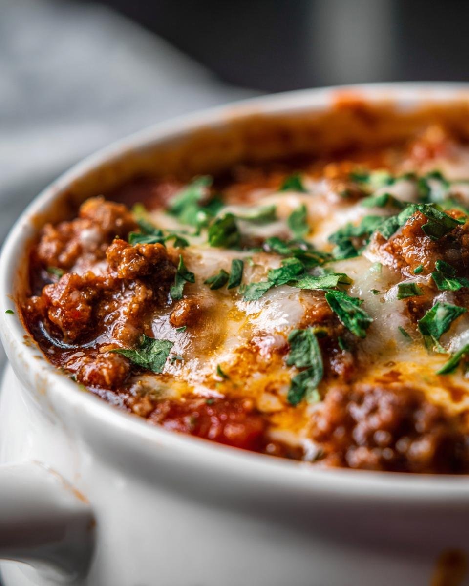 Close-up of a hearty Pizzasuppe low carb served in a white bowl, topped with melted cheese and fresh parsley.