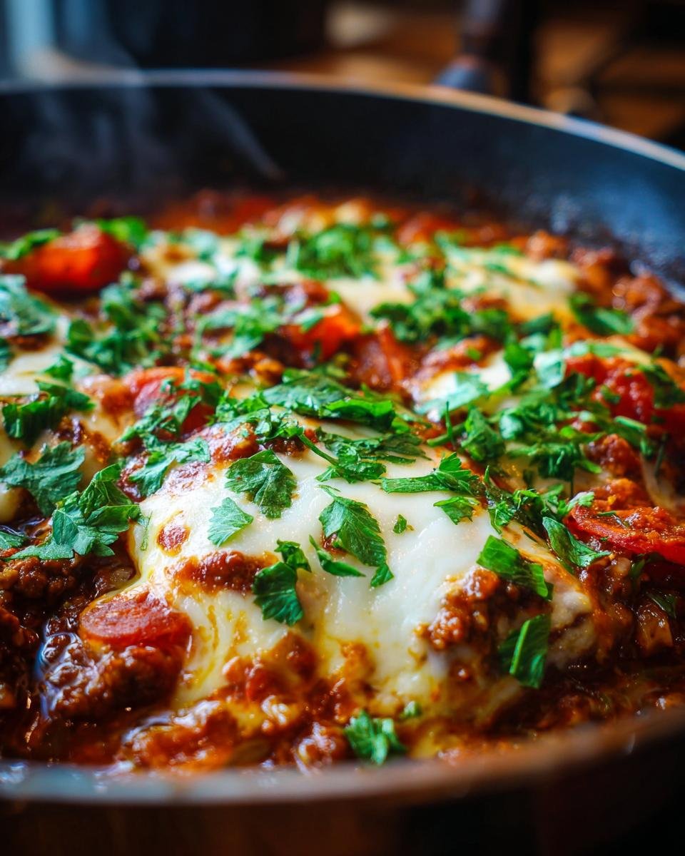 Close-up of steaming Pizzasuppe low carb with melted cheese and fresh parsley in a pan.