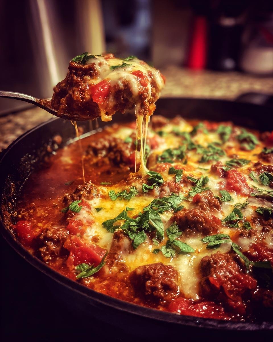 A spoonful of delicious Pizzasuppe low carb, with melted cheese stretching from the pan.