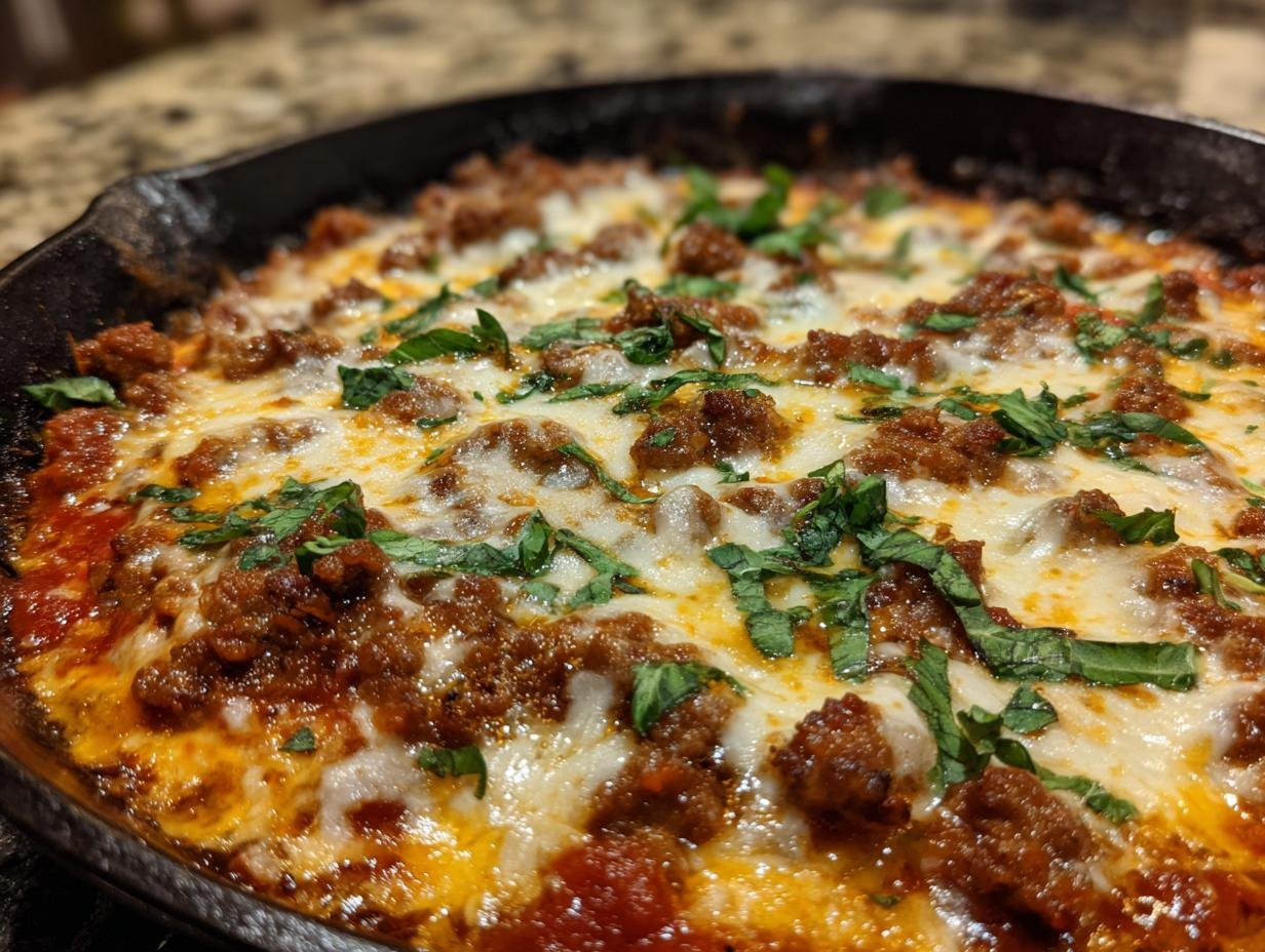 Close-up of a bubbling Pizzasuppe low carb in a cast iron skillet, topped with melted cheese and fresh herbs.
