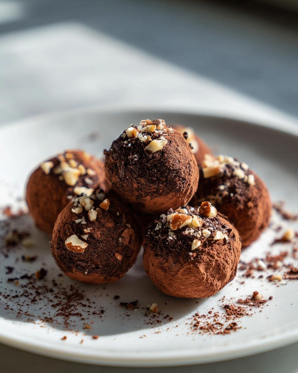 Eine Nahaufnahme von Pralinen für Weihnachten, bedeckt mit Kakaopulver und gehackten Nüssen auf einem weißen Teller.