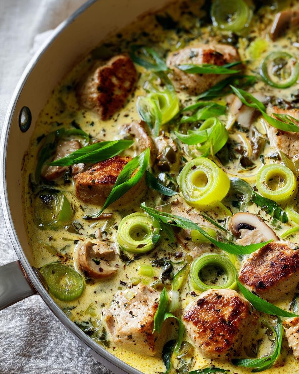 Puten-Medaillons in Lauch-Sahne-Sauce, ein cremiges Gericht mit Pilzen und Lauchringen.