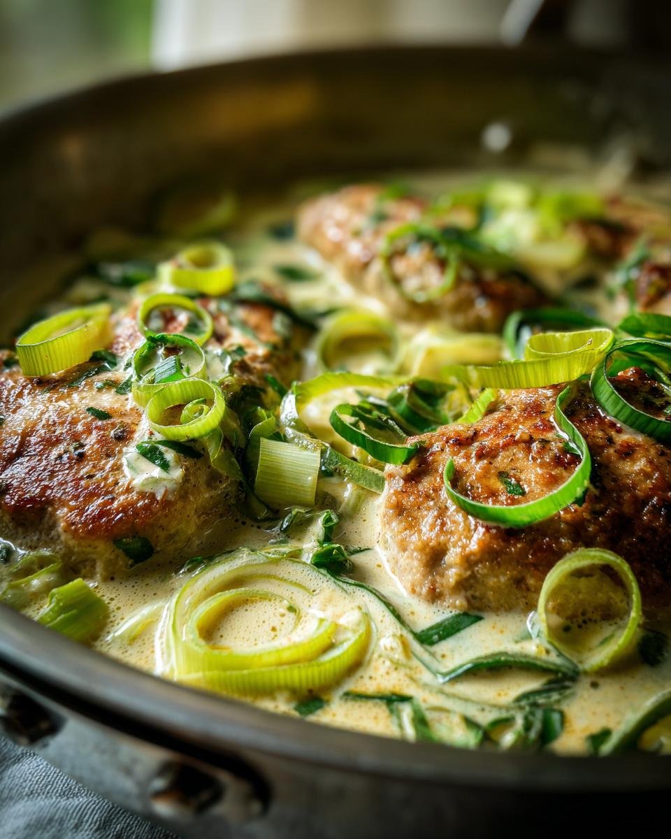 Puten-Medaillons in Lauch-Sahne-Sauce in einer Pfanne, garniert mit Lauchringen.