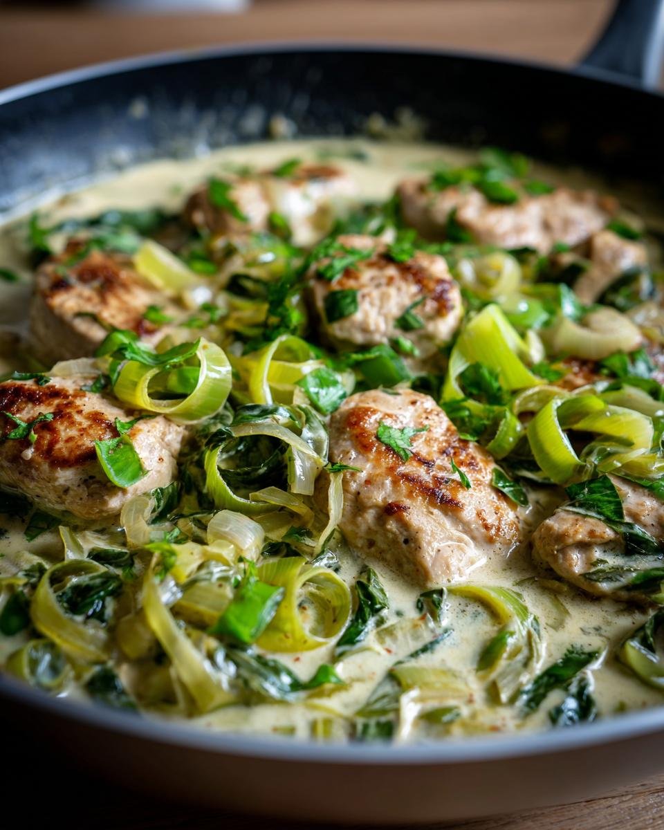 Puten-Medaillons in Lauch-Sahne-Sauce in einer Pfanne, garniert mit Petersilie.