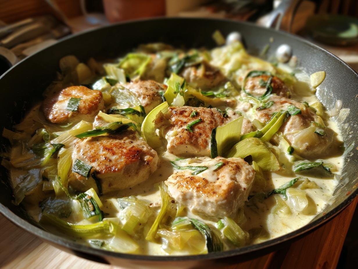 Puten-Medaillons in Lauch-Sahne-Sauce, ein herzhaftes Gericht in einer Pfanne mit cremigem Lauch und Sahnesauce.