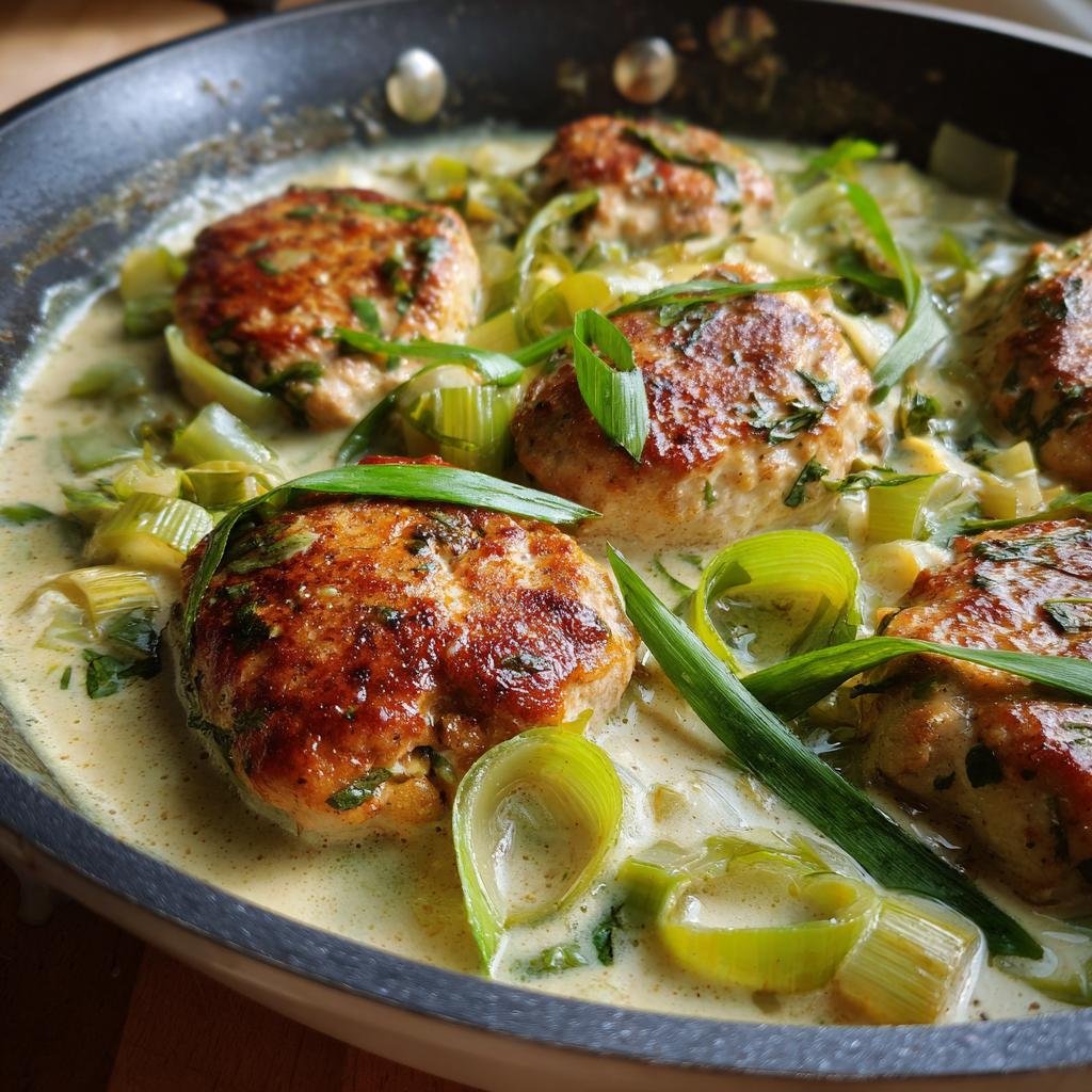Puten-Medaillons in Lauch-Sahne-Sauce, saftig und goldbraun gebraten, serviert in einer cremigen Sauce mit Lauchringen und frischen Kräutern.
