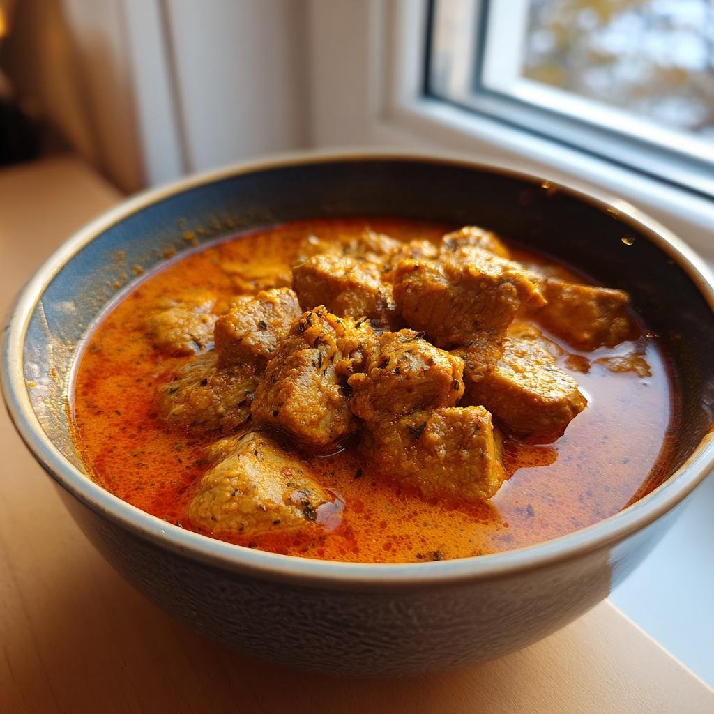 Nahaufnahme von Putengulasch in einer Schüssel mit einer reichhaltigen, orangen Sauce und Kräutern.