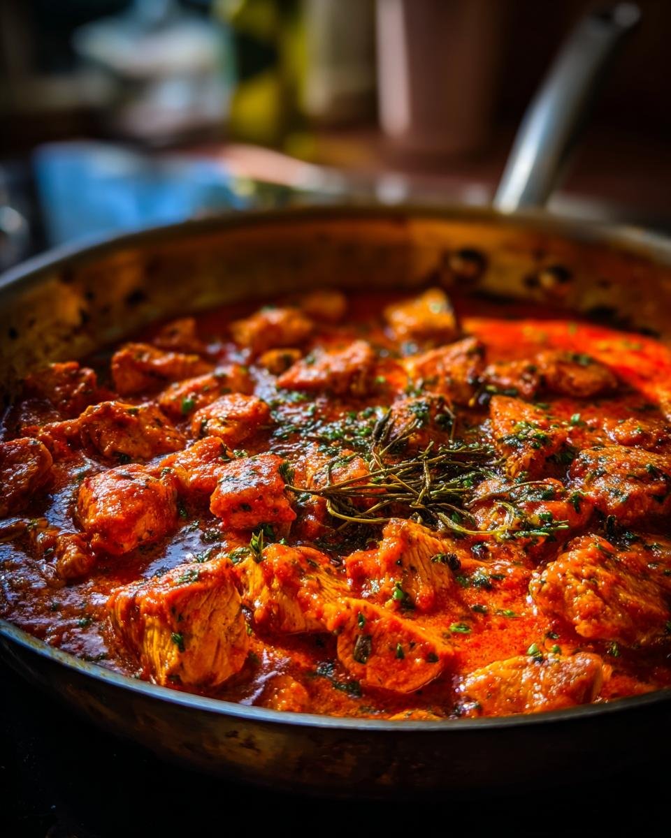 Close-up of tender Putengulasch stewed in a rich, red sauce with herbs in a metal pan.