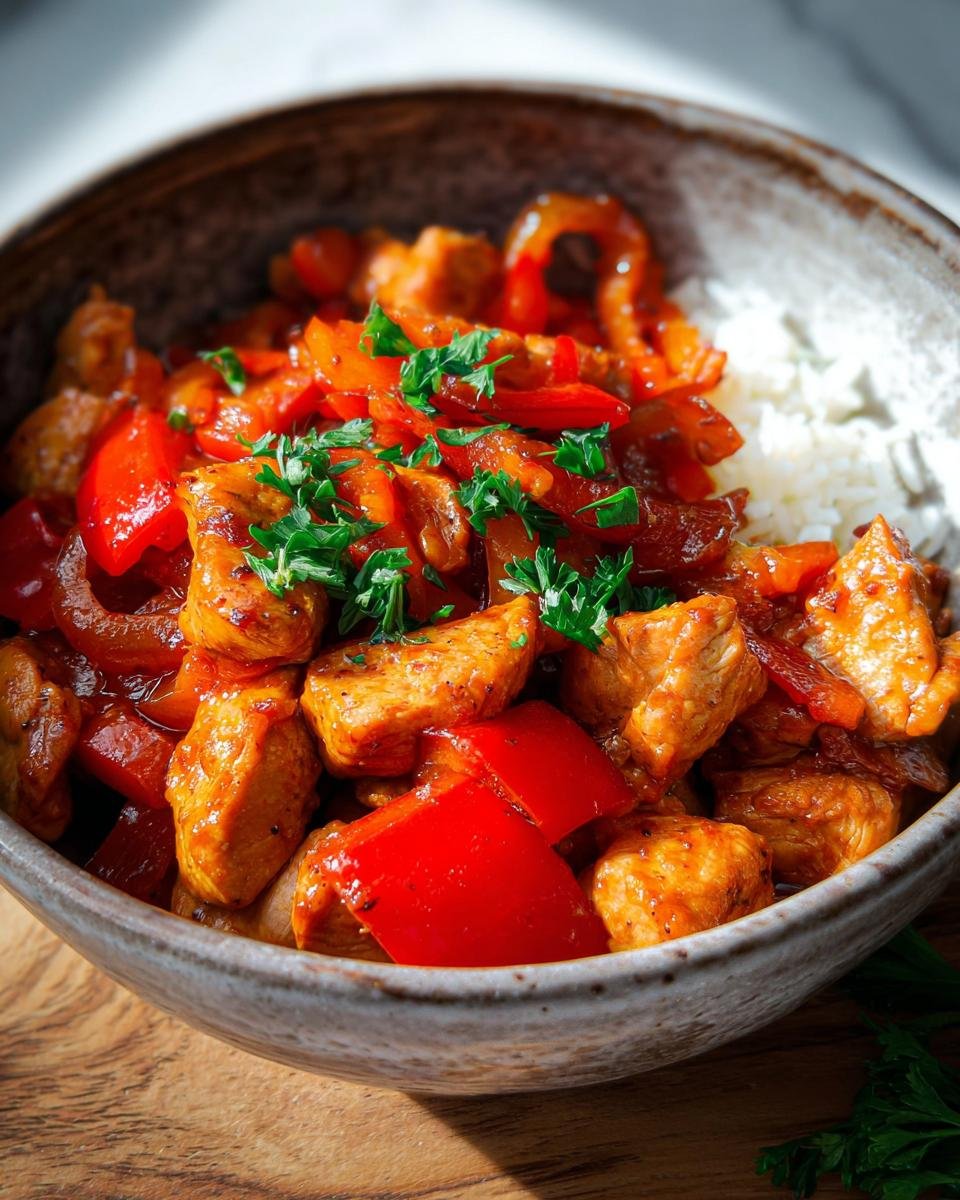 Schüssel mit Putengulasch, roten Paprikastücken und Reis, garniert mit Petersilie.