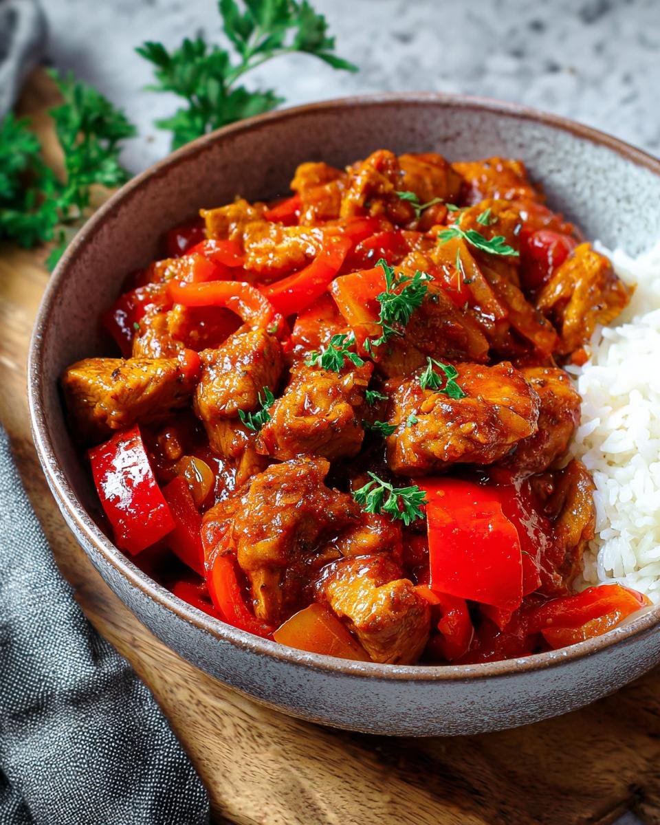Eine Schüssel Putengulasch mit roten Paprikastücken und Reis, garniert mit Petersilie.