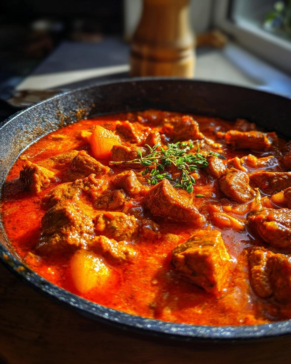 A close-up of a rich Putengulasch simmering in a cast-iron skillet, garnished with fresh thyme.