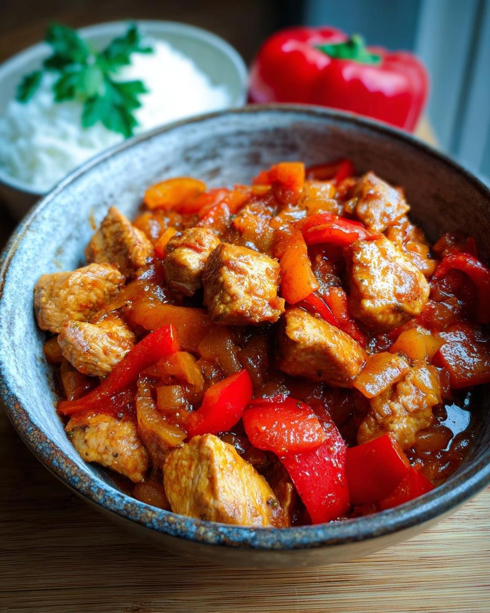 A close-up of a bowl of Putengulasch, featuring tender turkey pieces and vibrant red bell peppers in a rich sauce.
