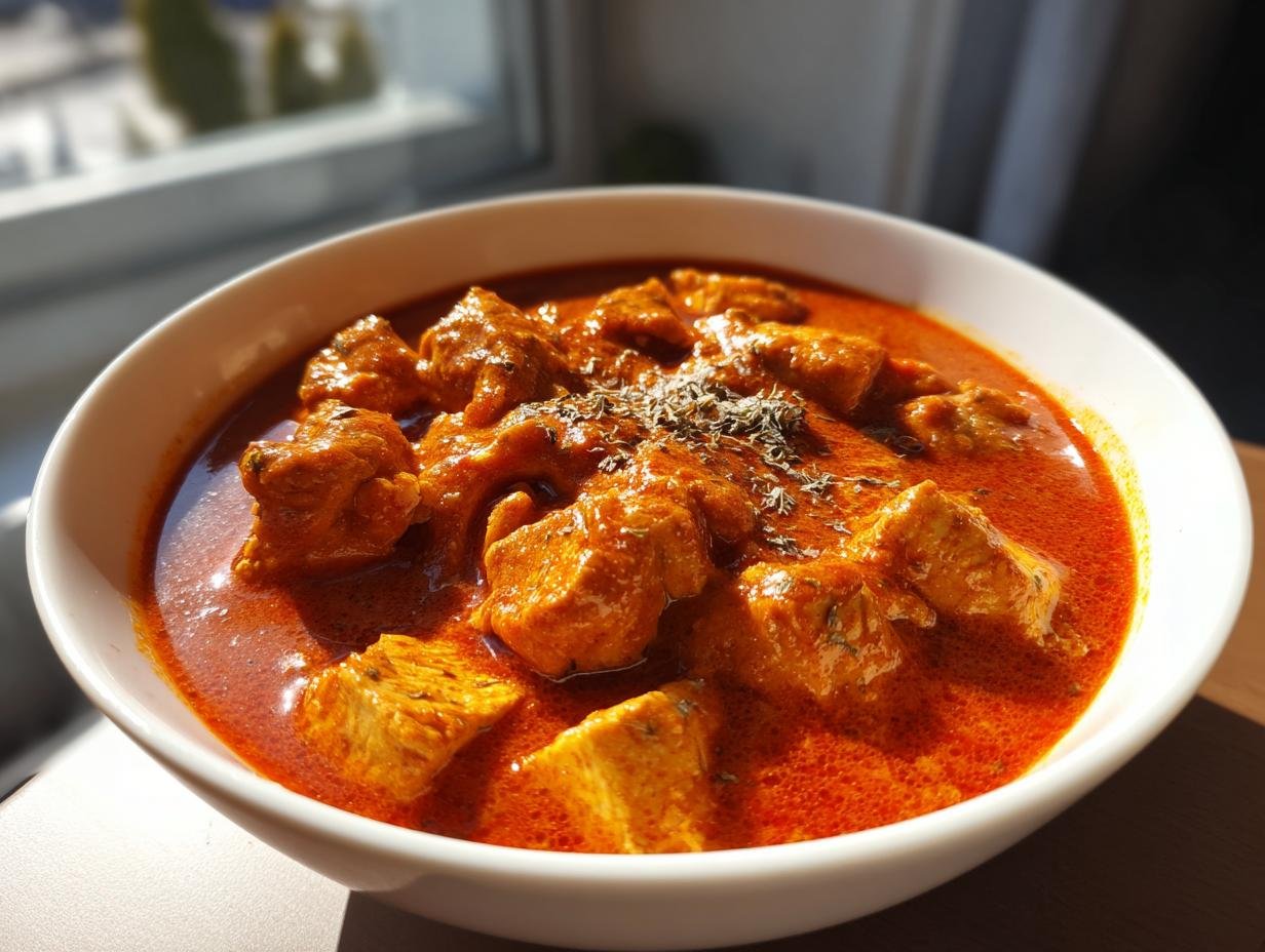 A close-up of a white bowl filled with delicious Putengulasch, garnished with herbs.
