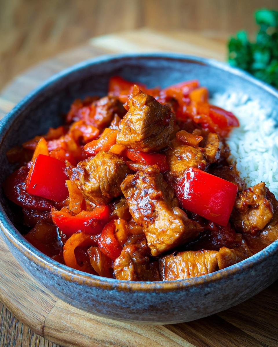 A bowl of Putengulasch with tender turkey pieces, red bell peppers, and fluffy white rice.