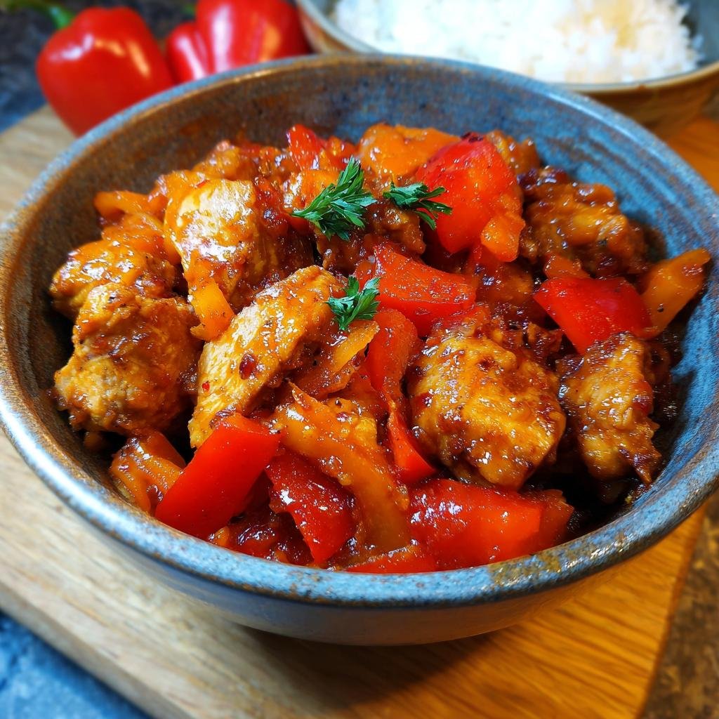 A close-up of Putengulasch in a bowl, featuring tender turkey pieces and vibrant red bell peppers in a rich sauce.