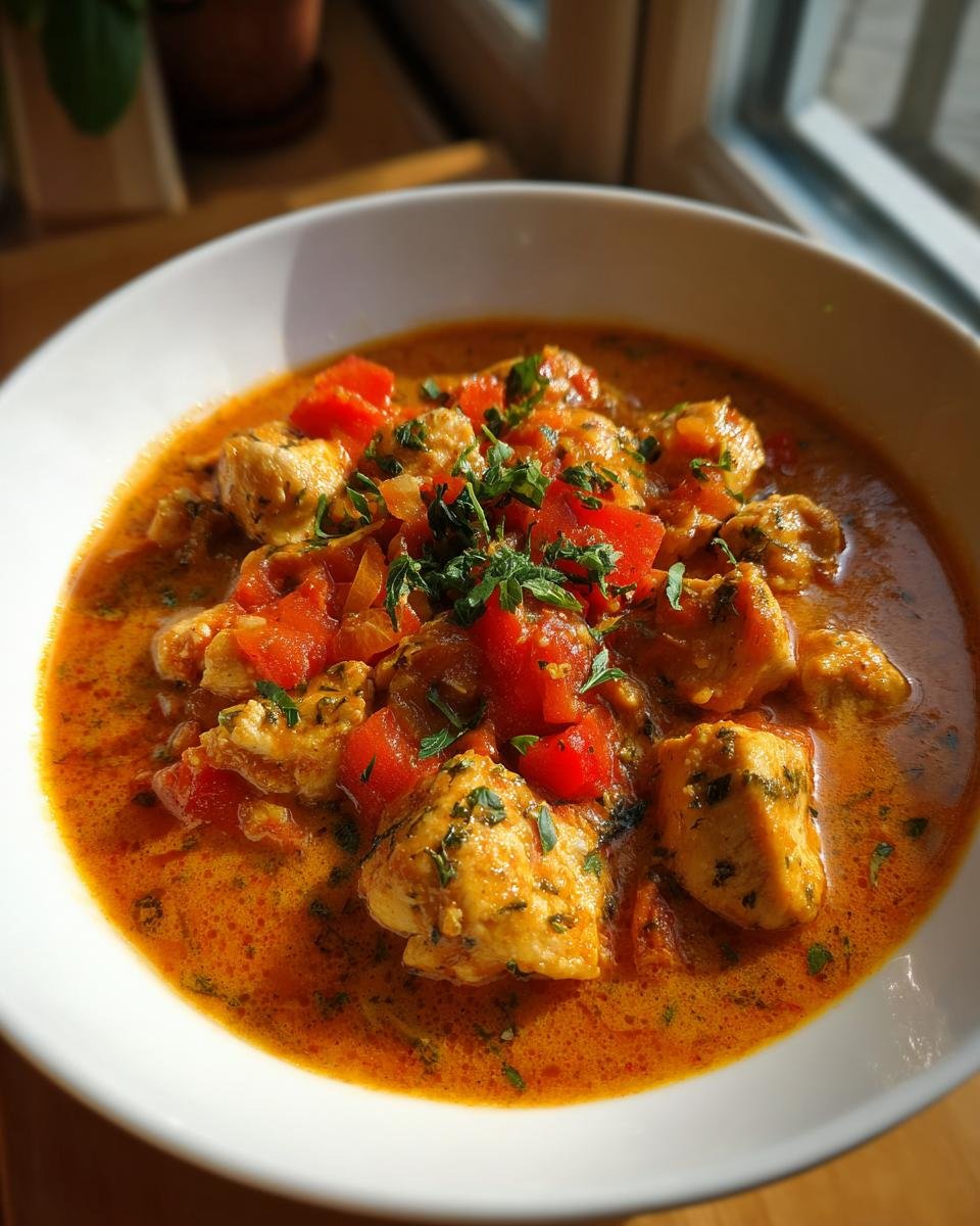 A close-up of a bowl of Putengulasch, featuring tender turkey pieces in a rich tomato-based sauce, garnished with fresh parsley.