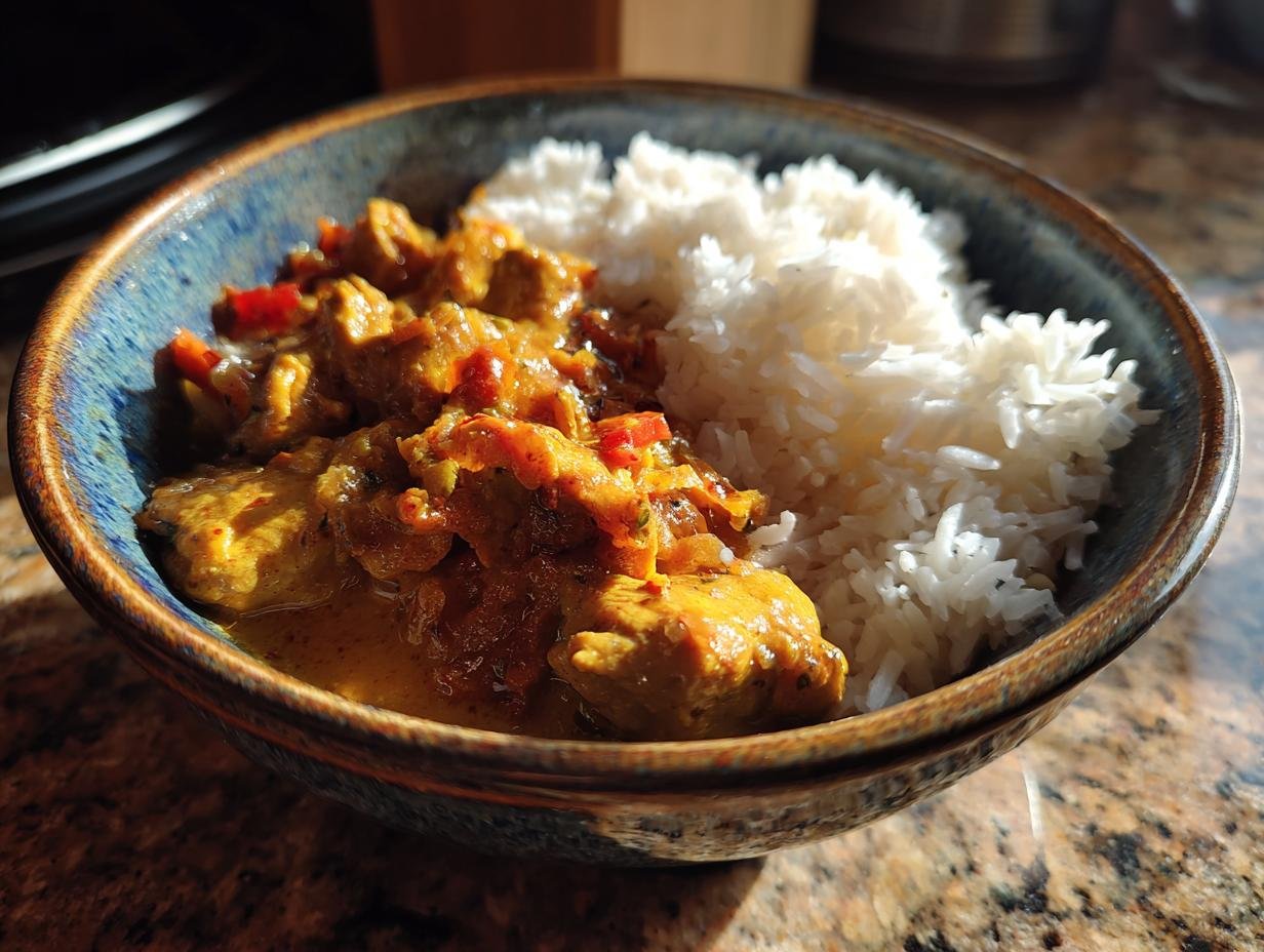 Schüssel mit würzigem Fleischcurry und Reis, ein Gericht aus Rezepte mit Fleisch.