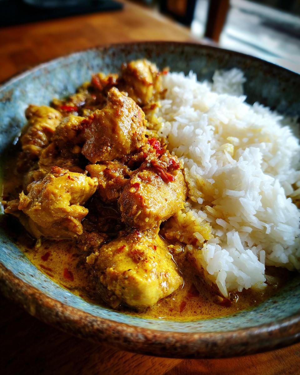 Nahaufnahme von würzigem Hähnchencurry mit Reis, ein Gericht aus Rezepte mit Fleisch.