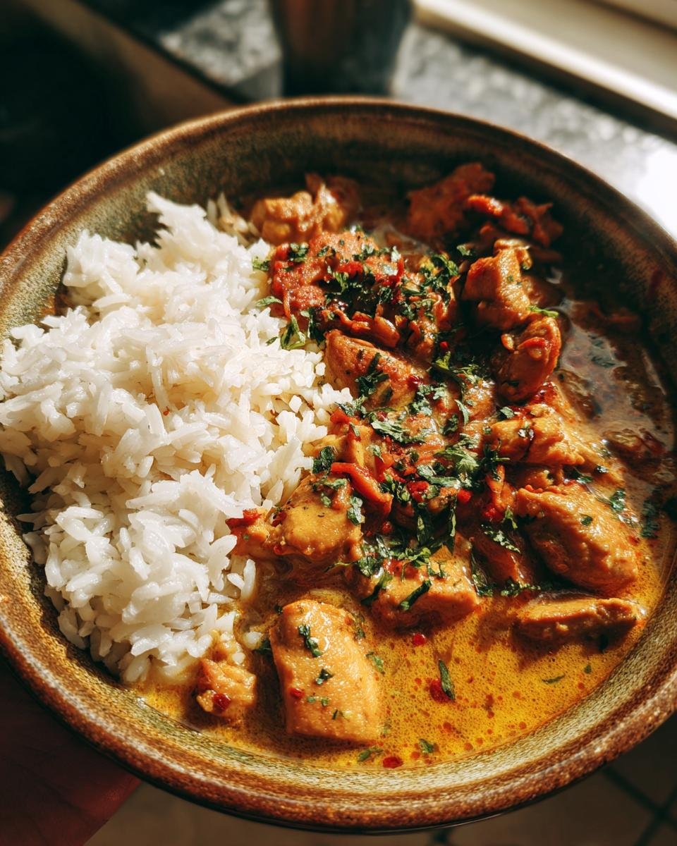 Nahaufnahme eines Hähnchencurrys mit Reis, garniert mit Kräutern und Chili.