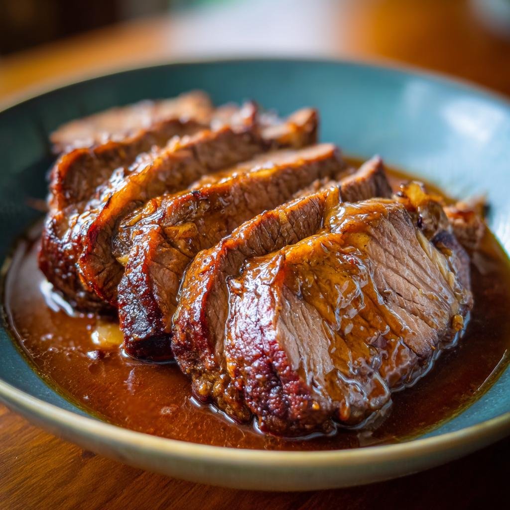 Saftige Scheiben Rinderbraten im Schnellkochtopf, übergossen mit dunkler Sauce.