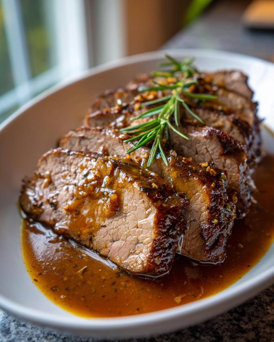 Close-up of sliced Rinderbraten im Schnellkochtopf in a rich gravy, garnished with rosemary.