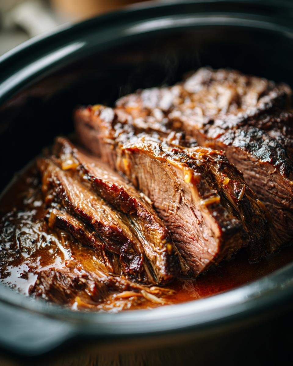 Scheiben von saftigem Rinderbraten im Schnellkochtopf, übergossen mit dunkler Sauce.