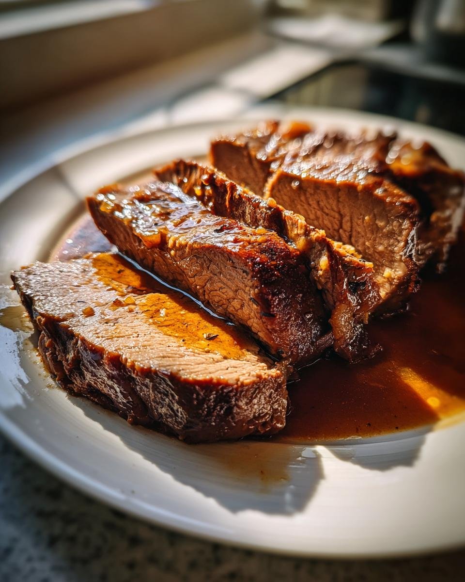 Saftige Scheiben Rinderbraten im Schnellkochtopf auf einem Teller mit Bratensauce.