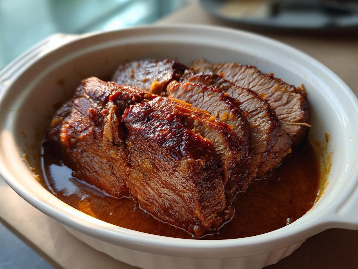 Ansicht von Rinderbraten im Schnellkochtopf, in Scheiben geschnitten und in einer Soße serviert.