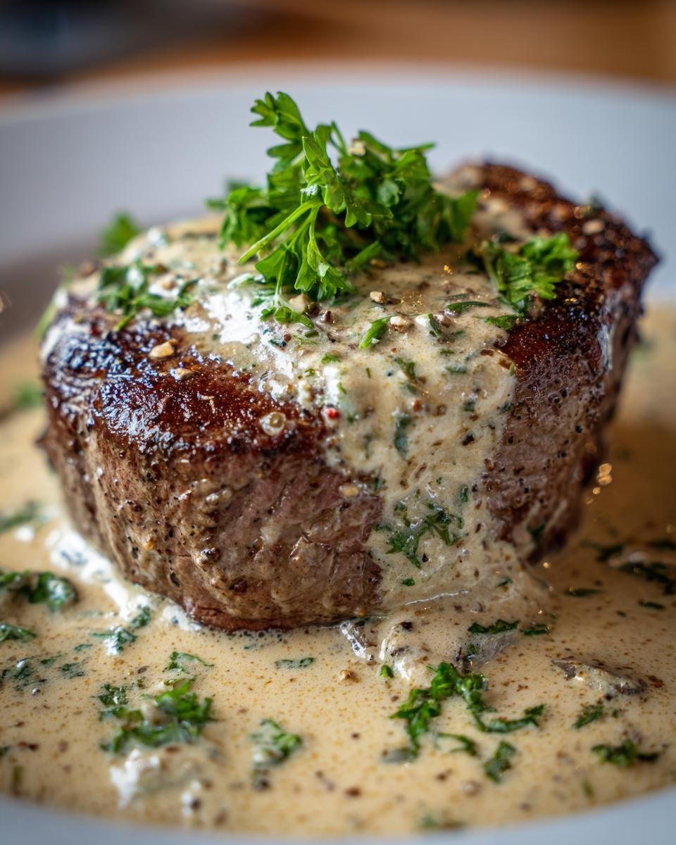 Ein saftiges Rinderfilet serviert mit einer cremigen Knoblauch-Dijon-Sahnesauce und garniert mit frischer Petersilie.