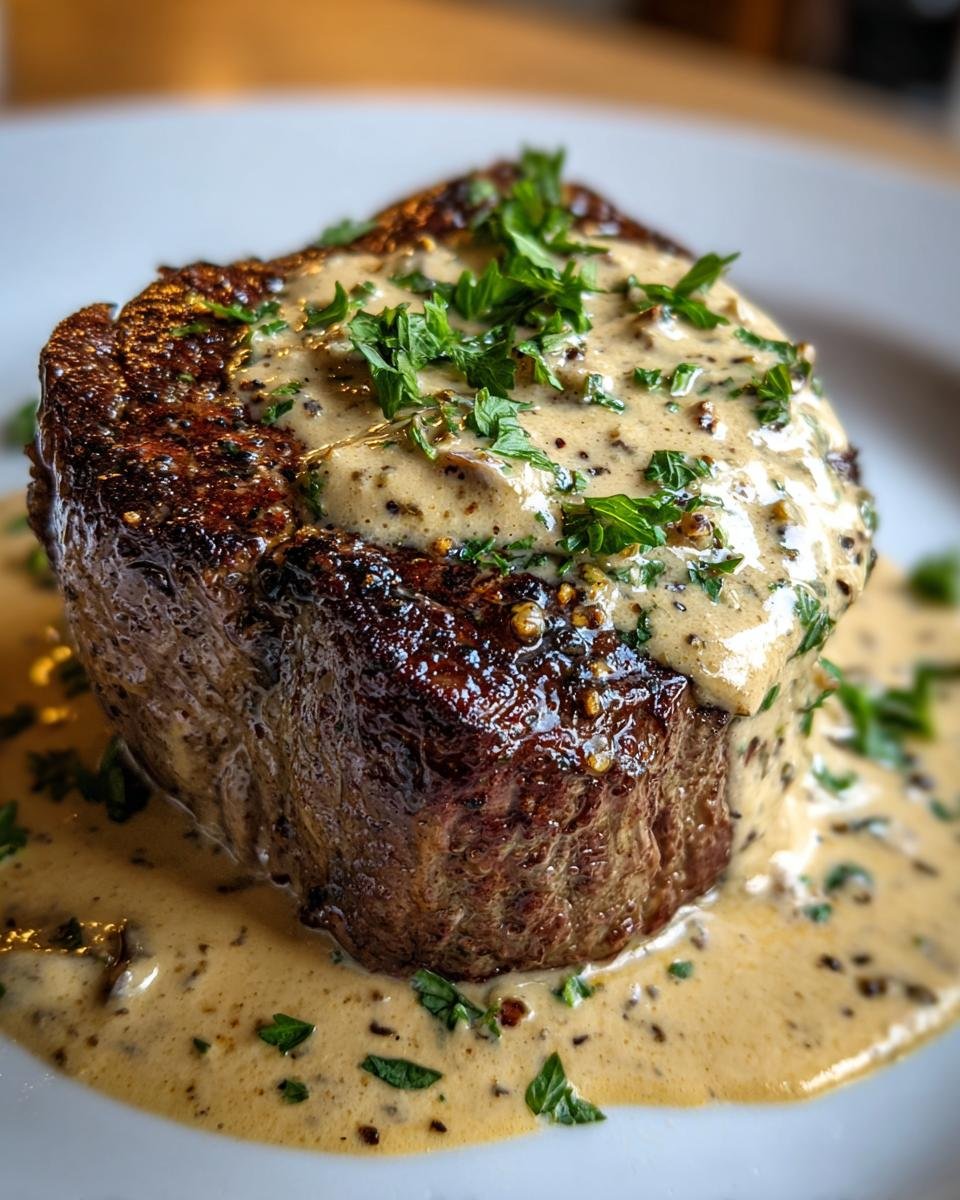 Ein saftiges Rinderfilet mit einer cremigen Knoblauch-Dijon-Sahnesauce und frischer Petersilie garniert.