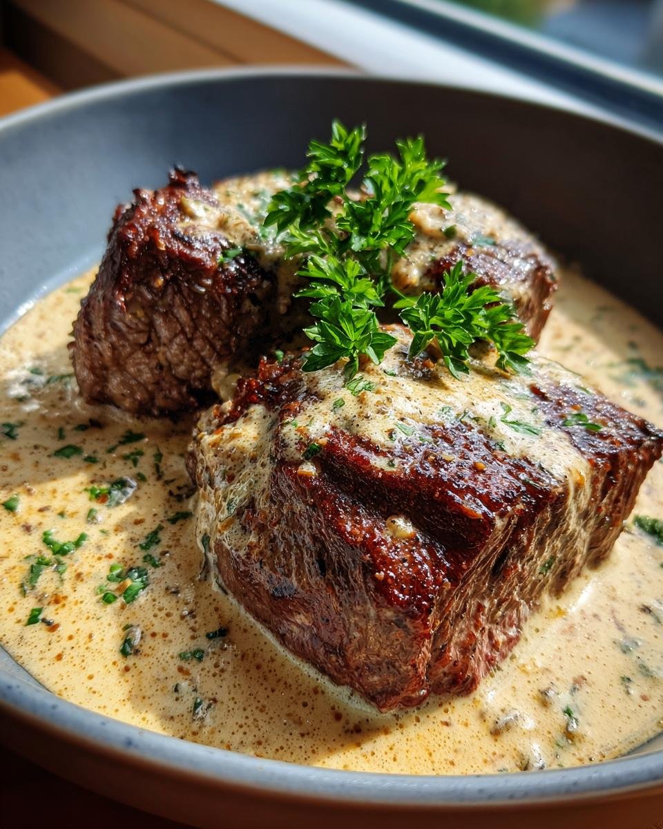 Zwei saftige Rinderfiletstücke in einer cremigen Knoblauch-Dijon-Sahnesauce, garniert mit Petersilie.